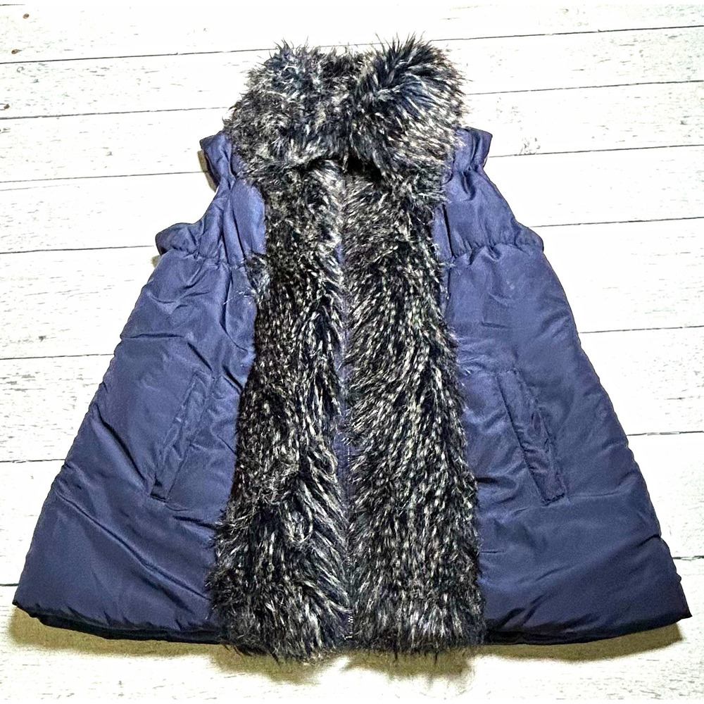 Soft Surroundings Women XL Blue Zip Mid-Length Vest Faux Fur Trim 28768